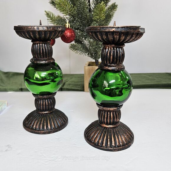 Vtg Rare Metallic Green Chunky Candlestick Candle Holder Set of 2 Festive Decor - Picture 11 of 12